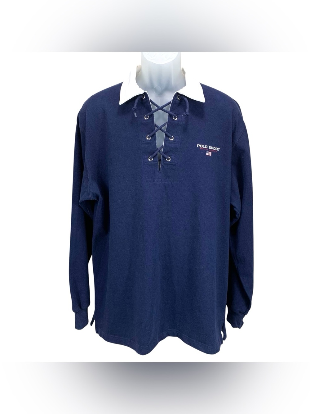 Polo Sport Ralph Lauren Men’s Medium Rugby Shirt‎ Navy White Lace Up